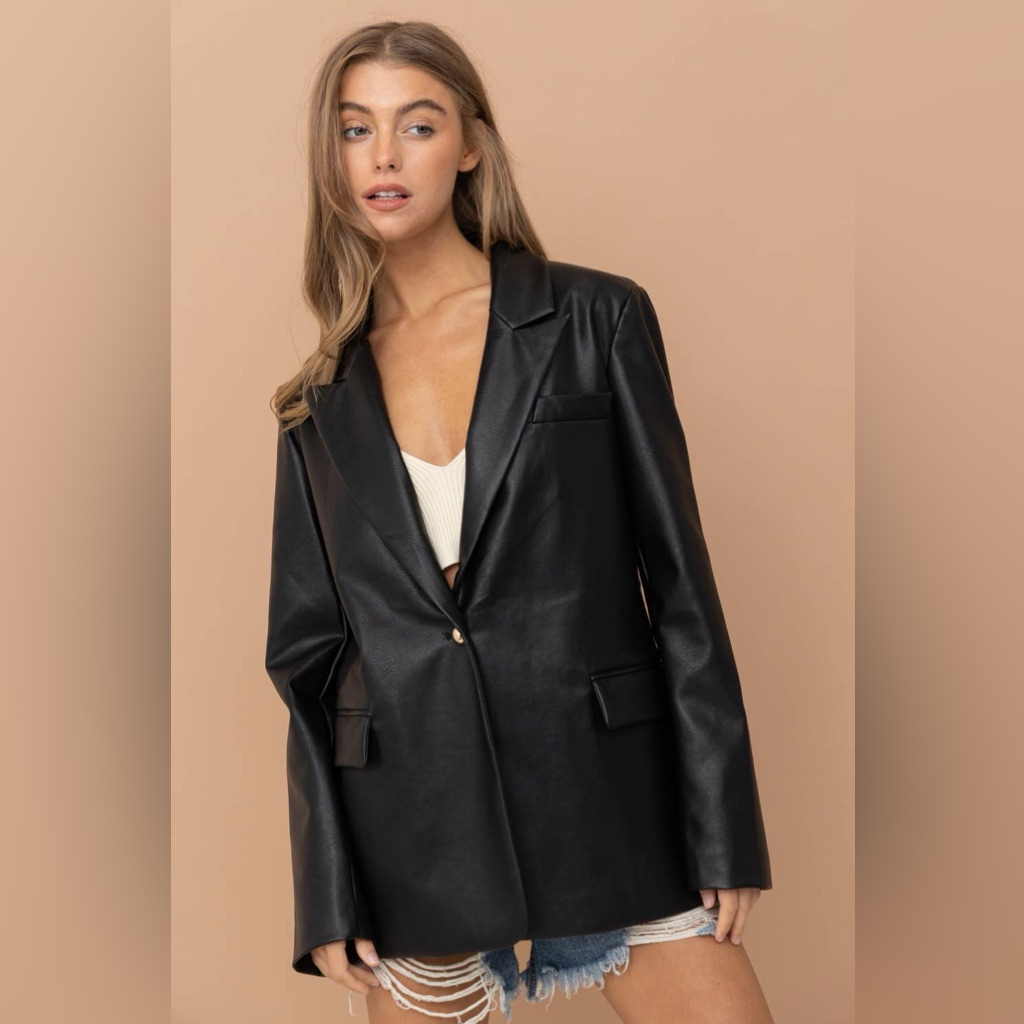 Blue B Faux Leather Boyfriend Fit Single Blazer
